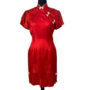 VINTAGE Cheongsam Qipao Mandarin Red Silky Dress